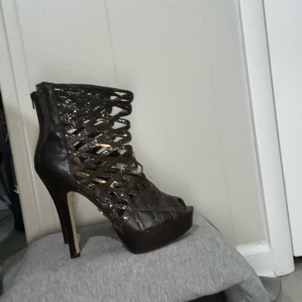 Used Open Toe High Heels Platform Hollow Out Cut Out Rivet Dress Sandals Shoes